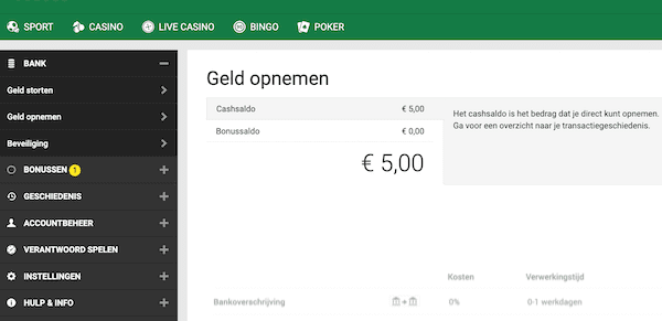 bankoverschrijving geld opnemen bij een online casino