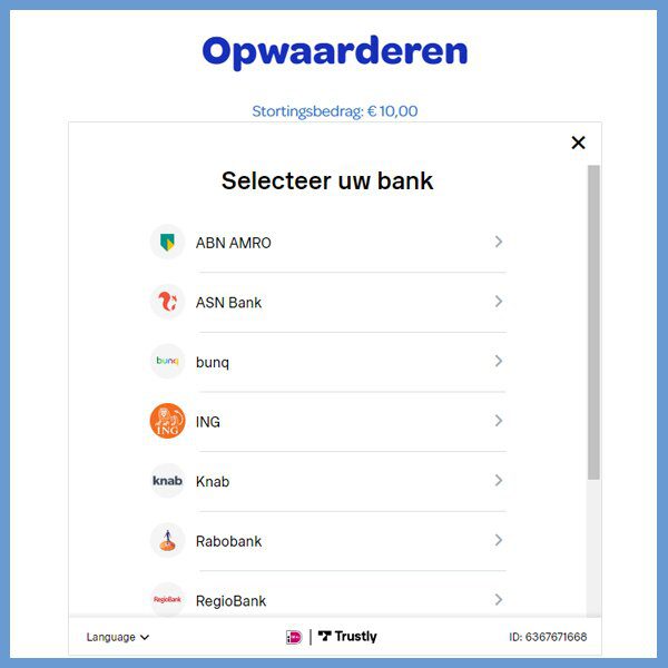 Selecteer je bank tijdens het storten met iDeal