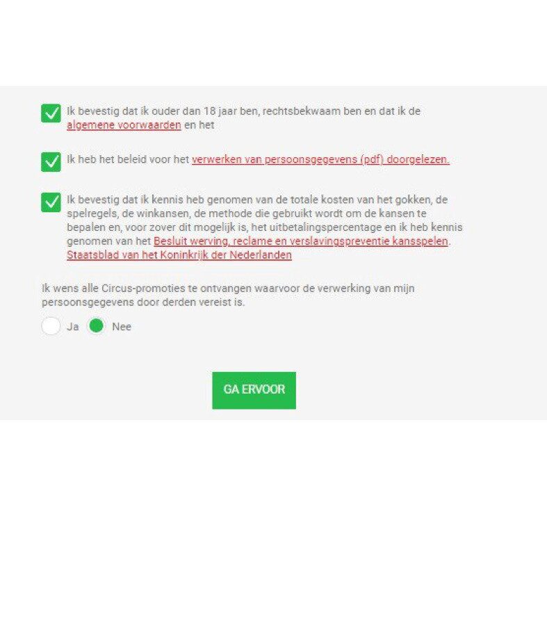 Akkoord gaan met algemene voorwaarden Circus Casino