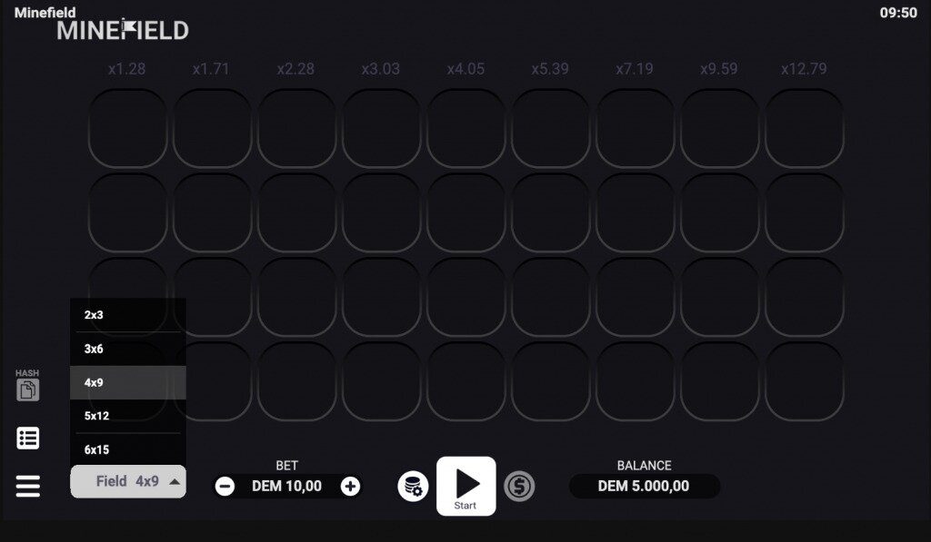 Casino Mijnenveger variant Minefield van Evoplay speelveld grootte aanpassen