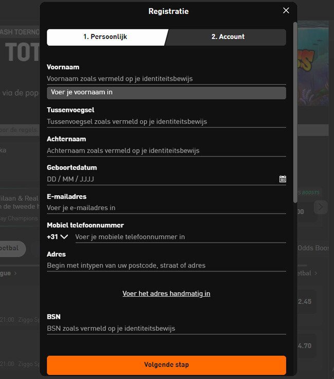 Vul je persoonsgegevens in bij Livescore Bet casino