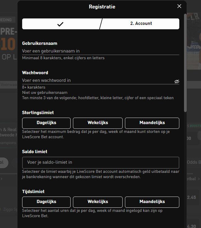 Registreer je account bij Livescore Bet casino