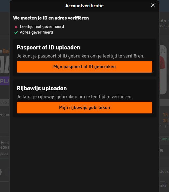 Upload je ID bij Livescore Bet casino