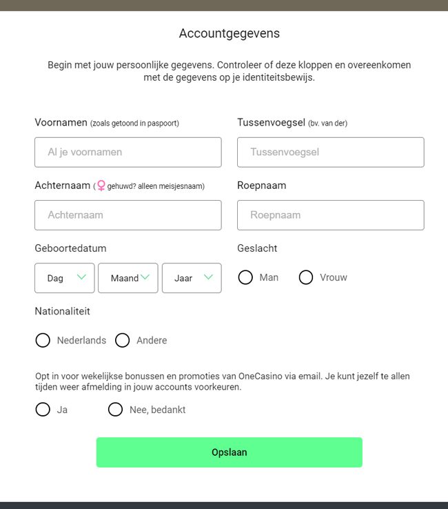 Gegevens invullen registratie One Casino