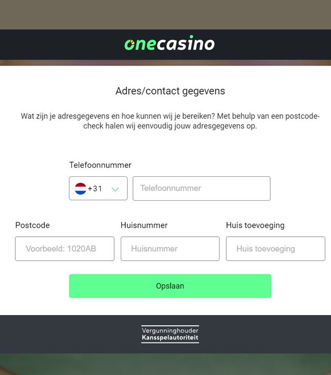 Adres gegevens invullen One casino registratie