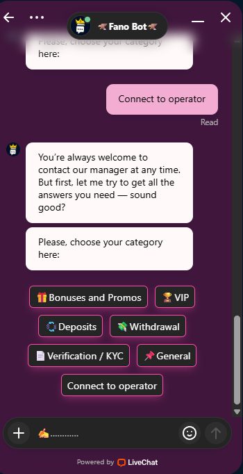 Fanobet klantenservice bot