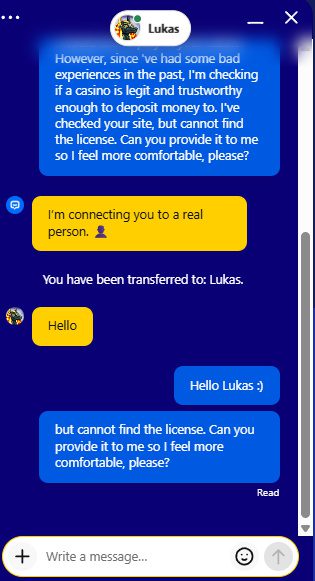 Koning Casino Customer support reply