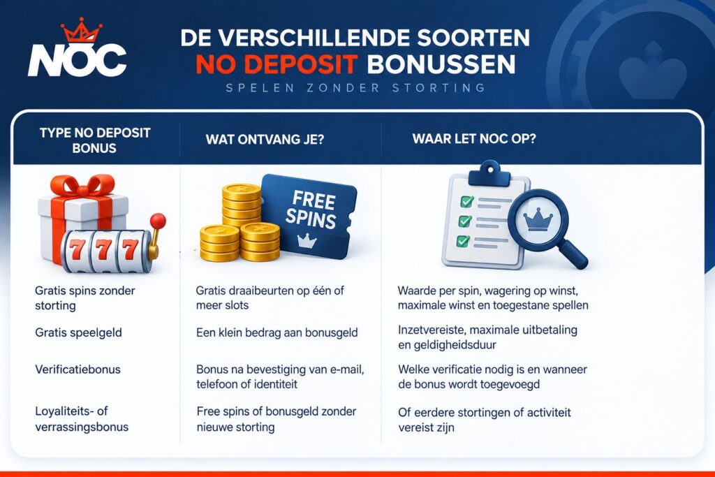 Verschillende soorten no deposit bonussen uitgelegd door NOC