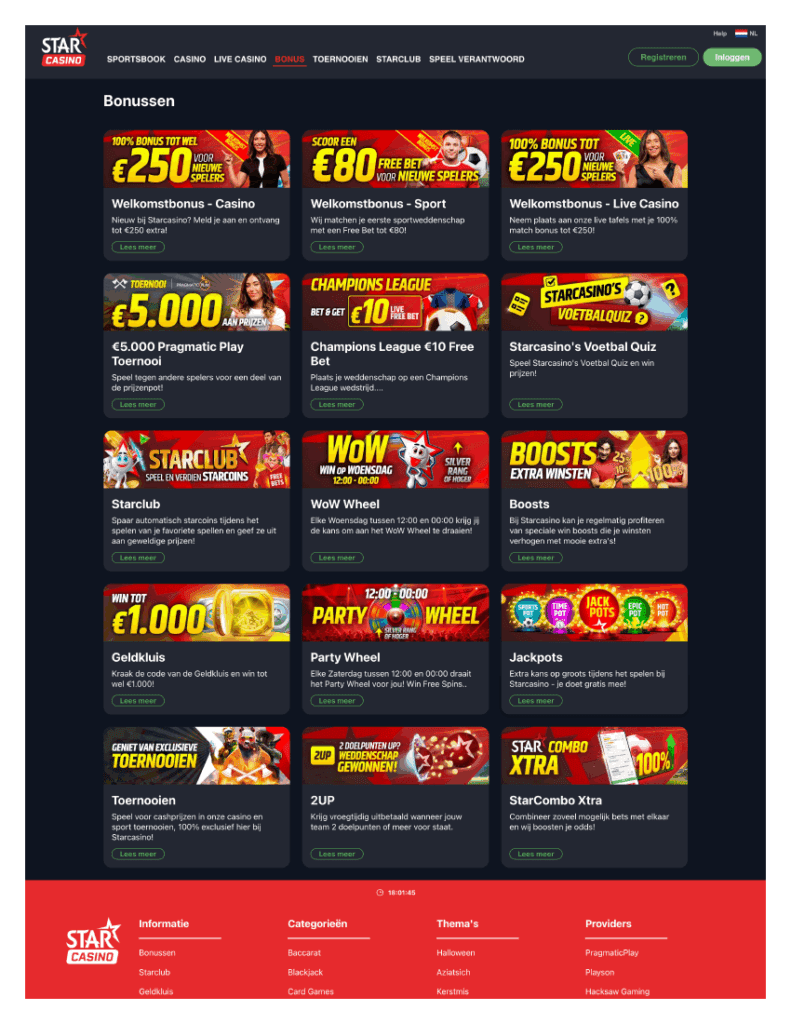 Overzicht van actieve bonussen op de Starcasino