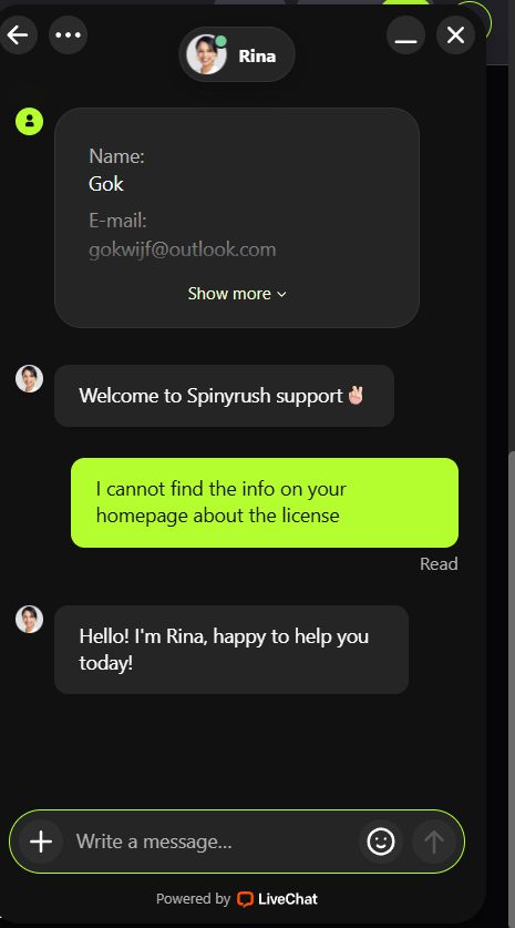Spinyrush casino - customer support
