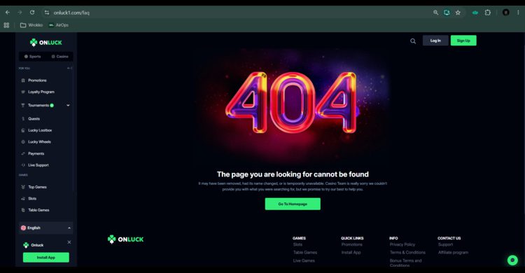 Onluck Casino FAQ Error 404