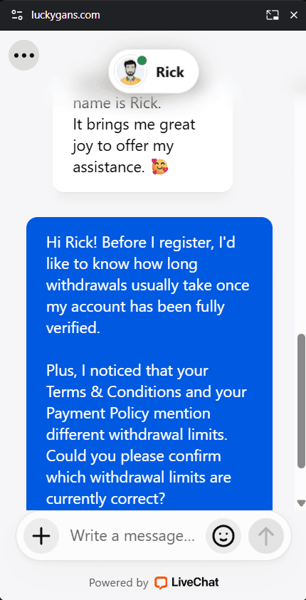 LuckyGans Casino Live chat support