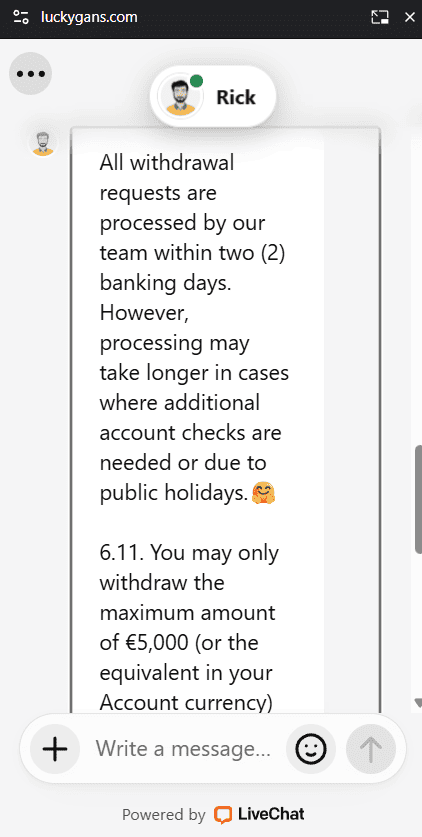 LuckyGans Casino Live chat support