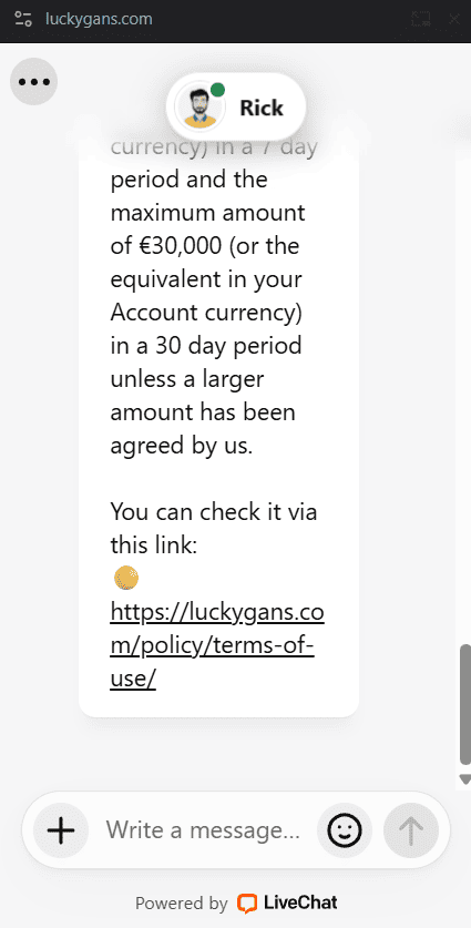 LuckyGans Casino Live chat support