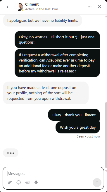 AceSpinz casino customer support chat