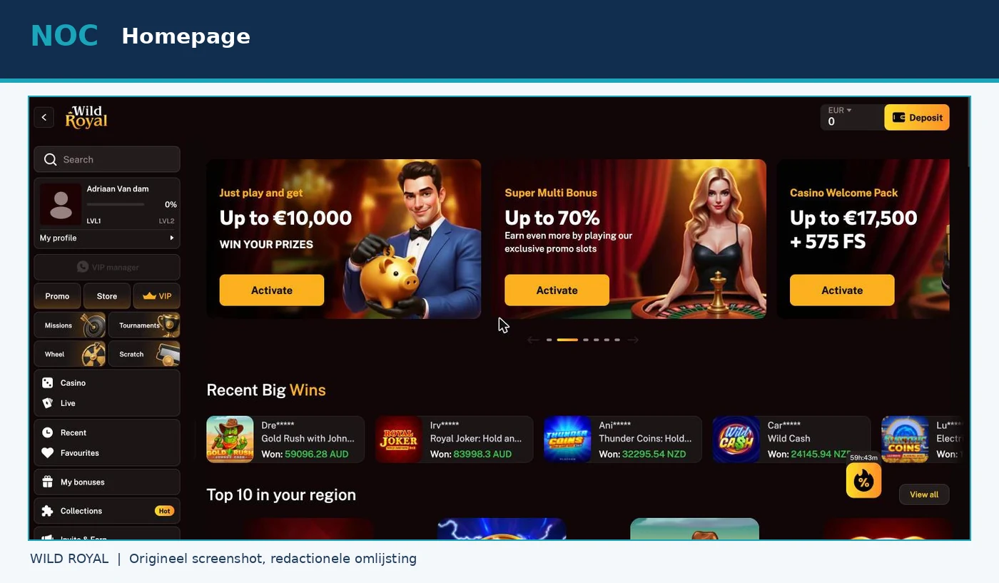 Ingelogde homepage van Wild Royal Casino