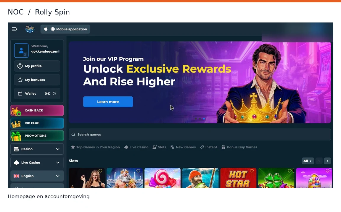 Ingelogde homepage van Rolly Spin Casino