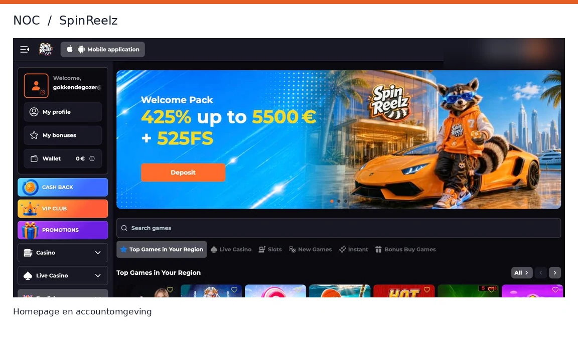 SpinReelz Casino homepage en accountomgeving