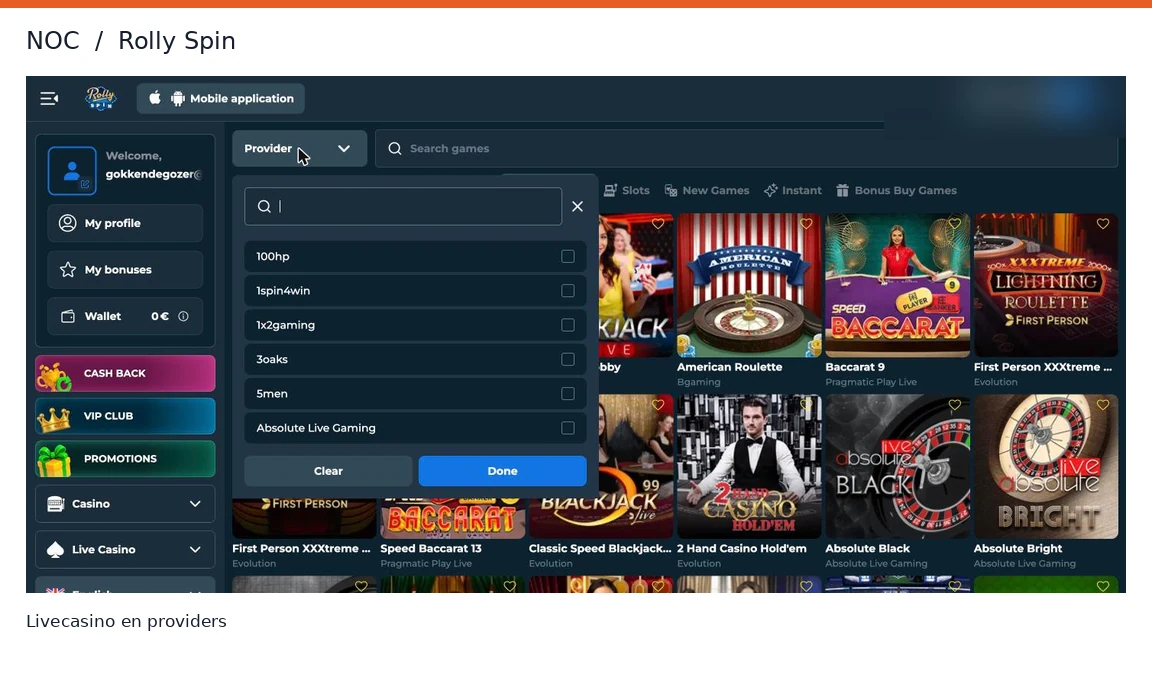 Livecasinolobby van Rolly Spin met live spellen