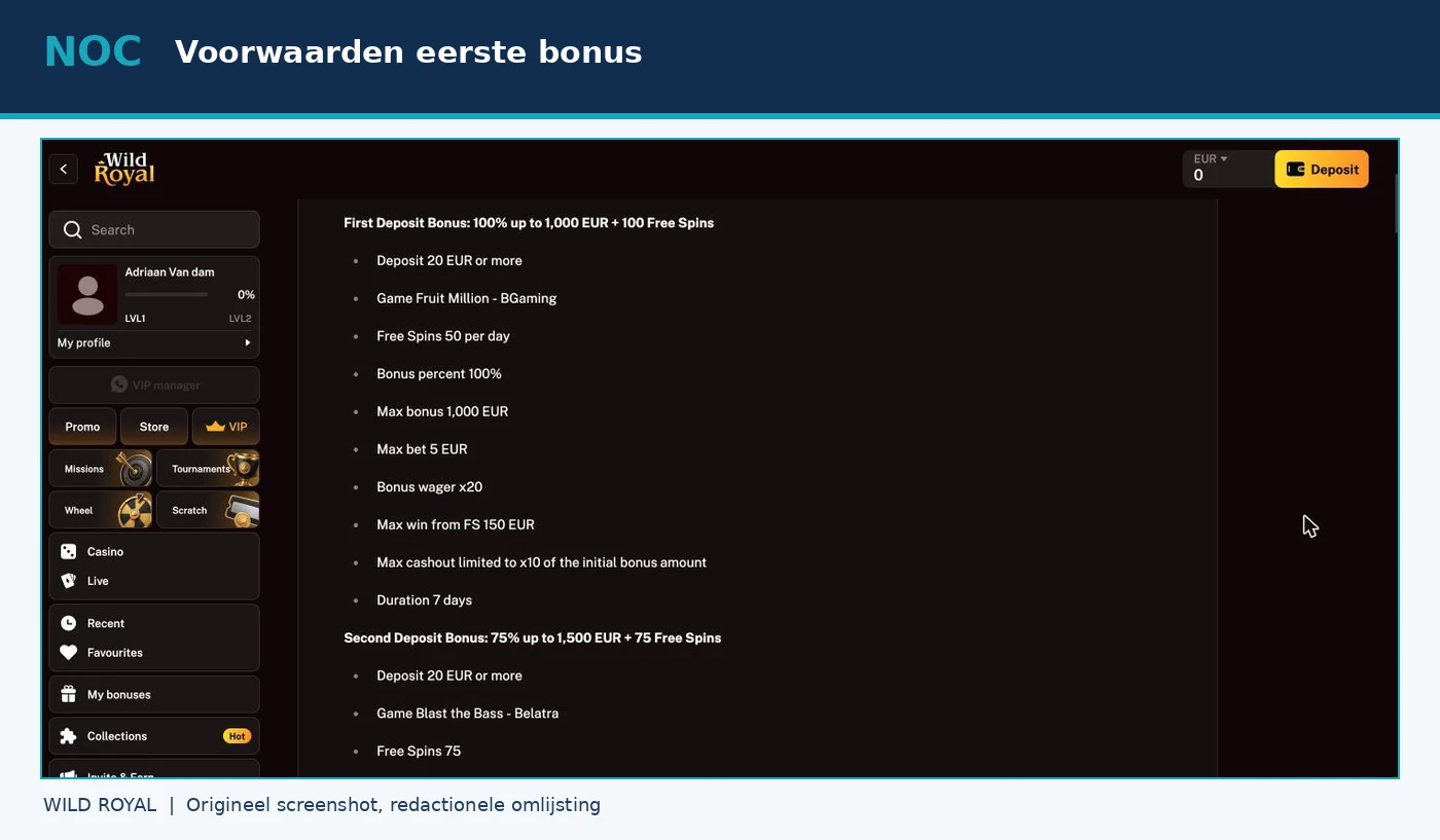 Voorwaarden eerste stortingsbonus met 20x wagering en cashoutlimiet