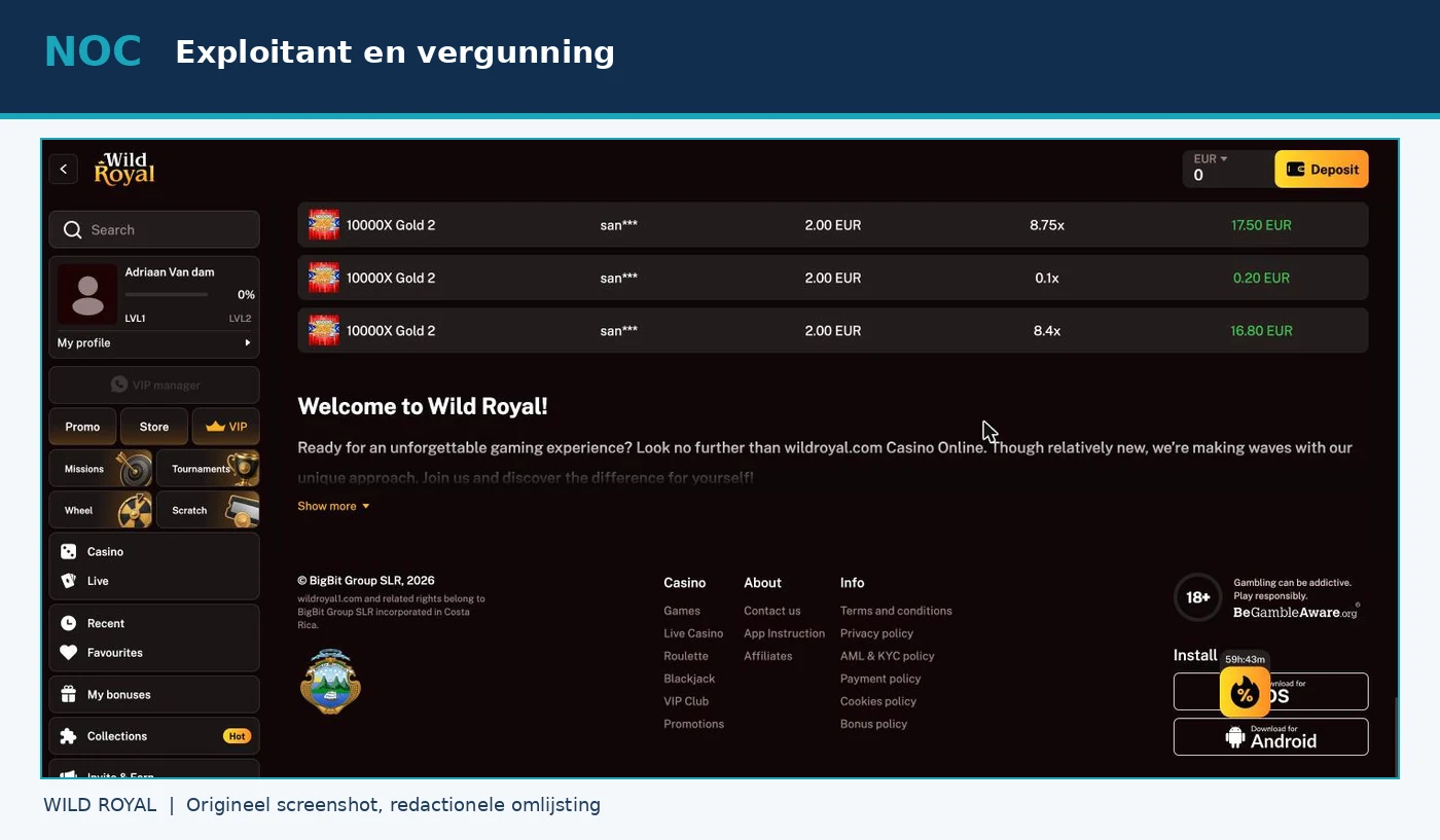 Voettekst met exploitant en verwijzing naar Costa Rica
